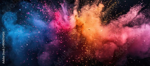 A burst of colorful powder on a dark backdrop with a freeze frame effect showcasing a vibrant textured glitter explosion in a copy space image © HN Works
