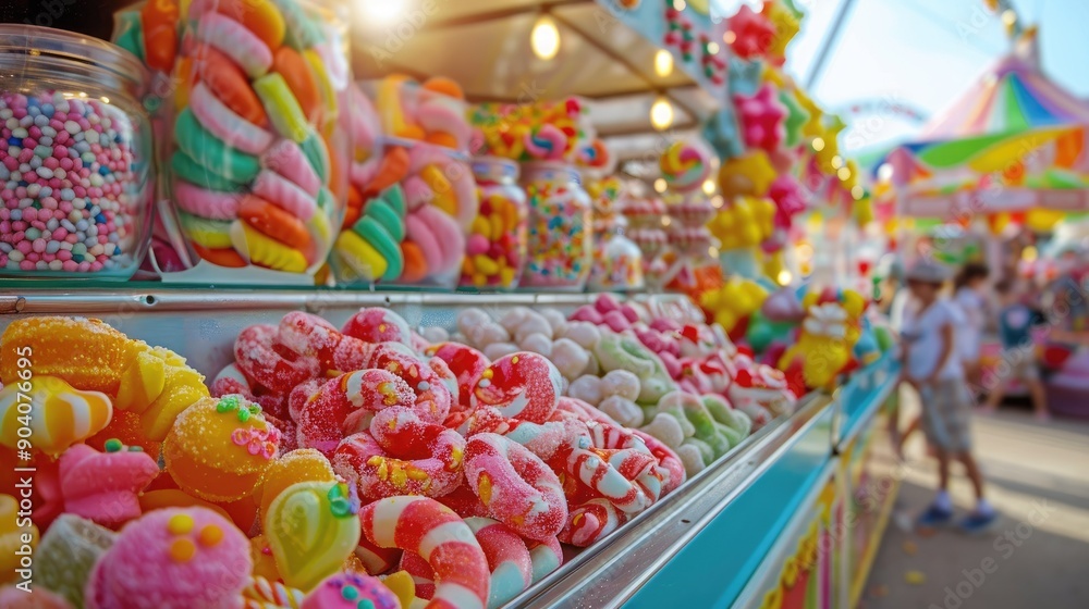 A beautiful candy cart at a fair, filled with an array of sweets and treats, brightly colored and inviting. A beautiful candy cart at a fair, filled with an array of sweets and treats, brightly colored and inviting.