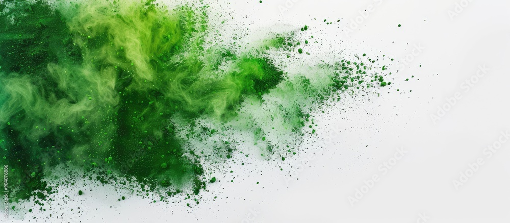 Green abstract powder scattered on a blank white copy space image Green abstract powder scattered on a blank white copy space image