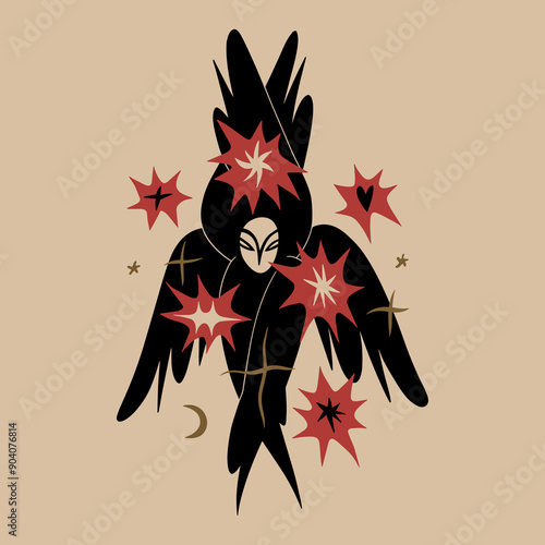 Folk cartoon fairytale seraphim divine black angel with six groovy whimsical flat art. Doodle stellar celestial cute astronomy and astrology characters. Hand-drawn bohemian composition. Magic boho