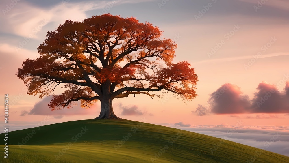 Obraz premium Majestic Tree on a Hill at Sunset 