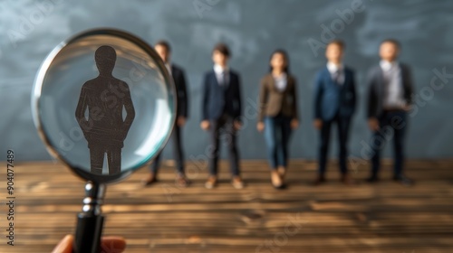 candidate selection process, thorough analysis using a magnifying glass highlights exceptional candidates in recruitment, demonstrating a selective approach to candidate selection