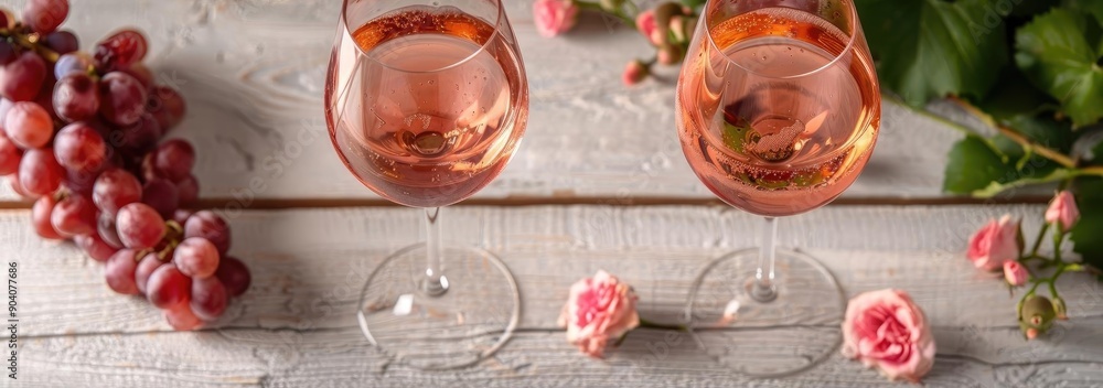 Elegant setup with two glasses of rose wine on a white wooden table, adorned with fresh grapes and pink roses. Elegant setup with two glasses of rose wine on a white wooden table, adorned with fresh grapes and pink roses.