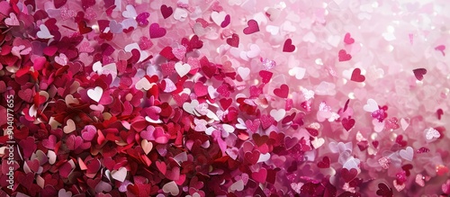 Festive backdrop with a colorful mix of hearts and confetti in magenta and white tones ideal for Valentine s Day and love themed copy space image