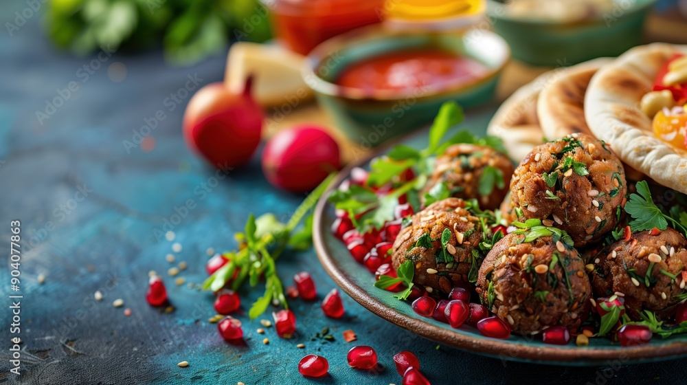 Beautiful and Colorful Explosion of Falafel Pita with Fresh Herbs and Pomegranate Beautiful and Colorful Explosion of Falafel Pita with Fresh Herbs and Pomegranate