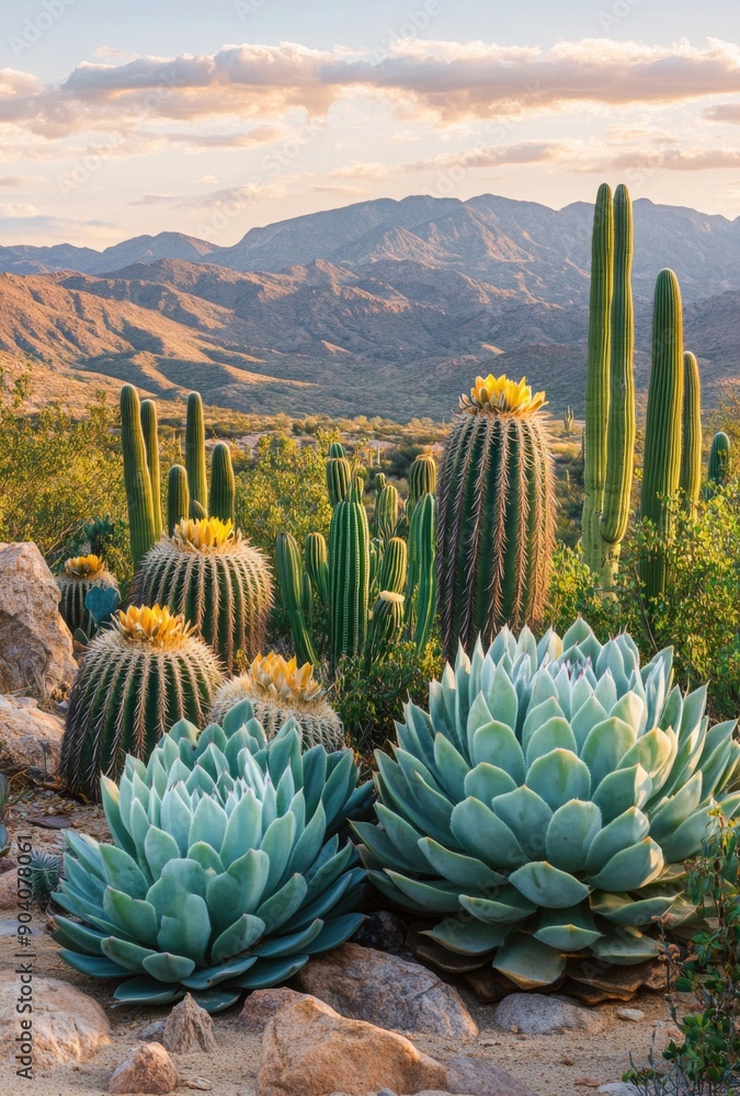 A serene scene of a desert landscape dotted with various types of cacti and succulents, showcasing their adaptability to arid conditions A serene scene of a desert landscape dotted with various types of cacti and succulents, showcasing their adaptability to arid conditions