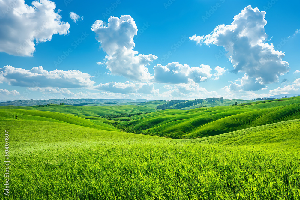 Green grass landscape with a blue sky and white clouds Green grass landscape with a blue sky and white clouds