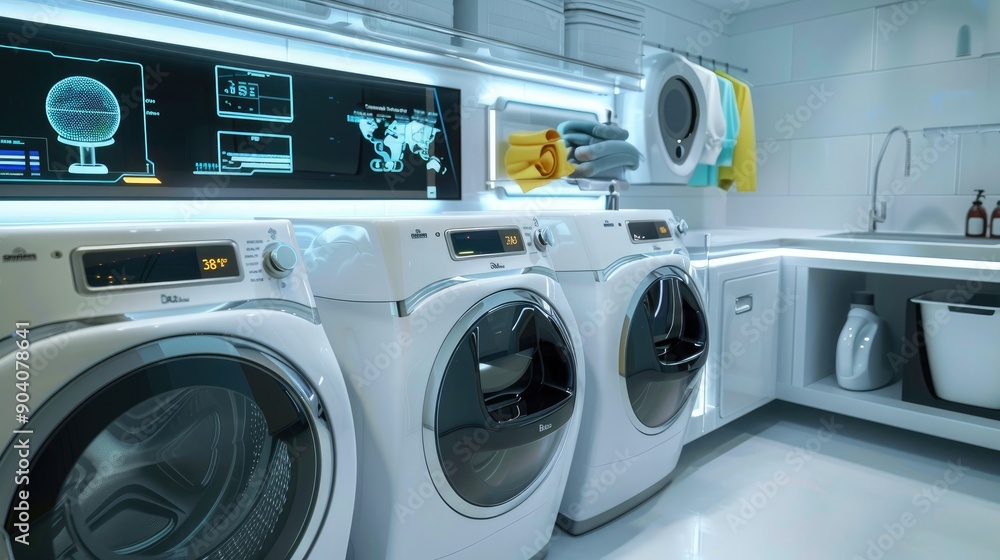 A futuristic laundry room with smart appliances, including a washer and dryer with touch-screen controls and automation features. A futuristic laundry room with smart appliances, including a washer and dryer with touch-screen controls and automation features.