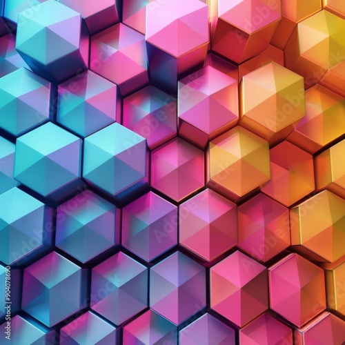 Vibrant geometric pattern featuring 3D hexagon shapes in various colors, showcasing depth and modern design elements.