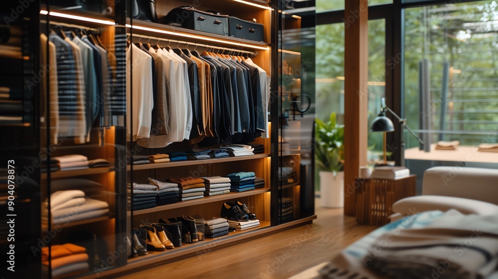 Modern walk-in closet with neatly organized clothes and shoes in a bright, luxurious bedroom with large windows and a green view. Modern walk-in closet with neatly organized clothes and shoes in a bright, luxurious bedroom with large windows and a green view.