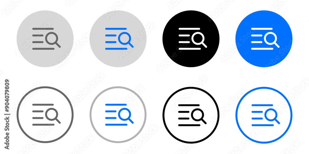 Text search icon. Document research symbol. Find sign. File analysis illustration. Lens pictogram. Grey, blue and black button. Text search icon. Document research symbol. Find sign. File analysis illustration. Lens pictogram. Grey, blue and black button.