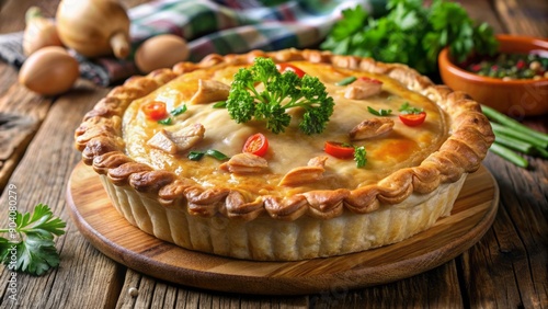 Freshly baked golden brown savory pie filled with tender chicken and vegetables, garnished with a sprinkle of fresh parsley. photo