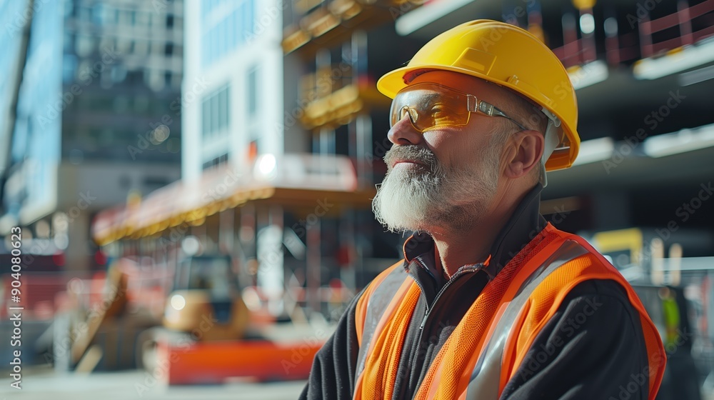 Man in Safety Gear Working at a Construction Site Under the Bright Sunlight Man in Safety Gear Working at a Construction Site Under the Bright Sunlight