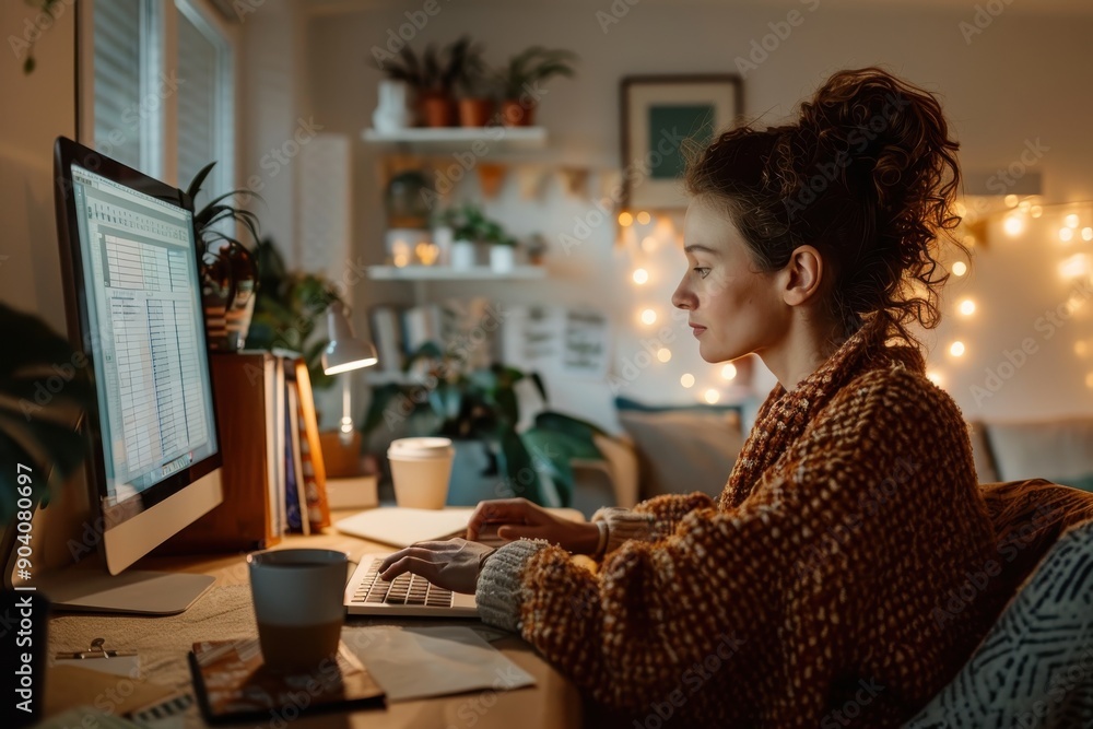 A woman sits at her desk working on a desktop computer in a cozy room filled with plants and soft lighting, surrounded by a peaceful and focused work environment. A woman sits at her desk working on a desktop computer in a cozy room filled with plants and soft lighting, surrounded by a peaceful and focused work environment.