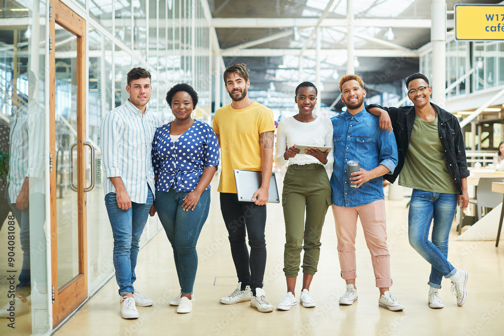 Obraz premium Business people, group and portrait in creative workspace with technology, collaboration and web design. Designer team, digital devices and employees with pride, cooperation and workplace community