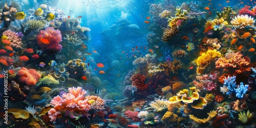 A thriving coral reef teeming with colorful marine life, showcasing the richness of underwater environments © kwanchaift