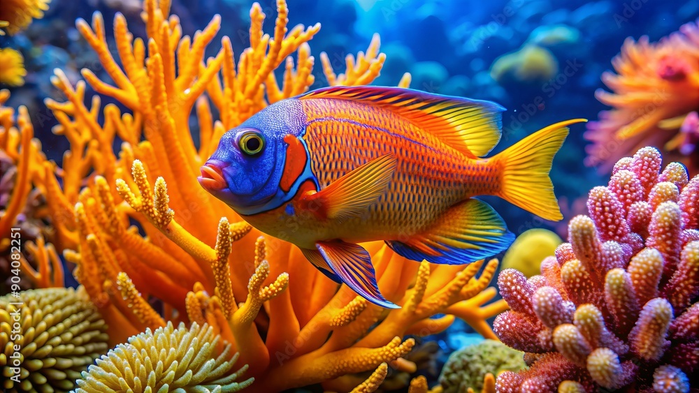 Vibrant orange and blue fish with yellow fins and scales swims amidst waving sea fans and colorful coral formations underwater. Vibrant orange and blue fish with yellow fins and scales swims amidst waving sea fans and colorful coral formations underwater.