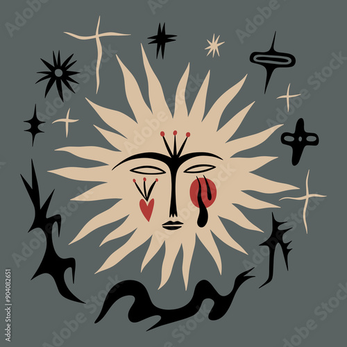 Cartoon Sun and stars fairytale funny groovy whimsical flat art. Doodle stellar celestial cute astronomy and astrology characters. Midsummer or Litha holiday. Hand-drawn bohemian composition. Solar