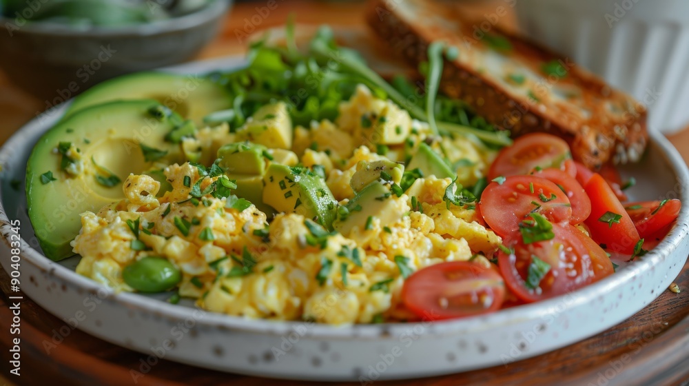 balanced breakfast options, nutritious morning meal with whole grain toast, scrambled eggs, and avocado beautifully served on a platter, offering a variety of fast healthy options balanced breakfast options, nutritious morning meal with whole grain toast, scrambled eggs, and avocado beautifully served on a platter, offering a variety of fast healthy options