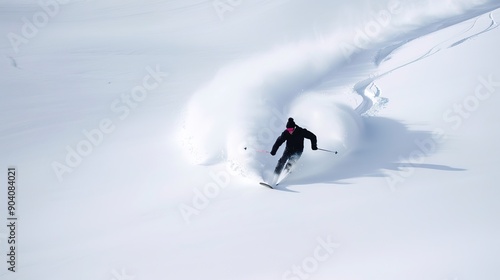 Winter Wonderland: Snowboarder Carving Majestically through Pristine Mountain Powder photo