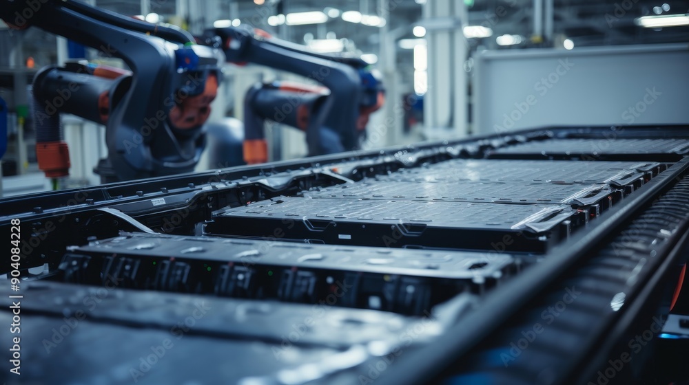 Electric Vehicle Mass Production Assembly Line in a factory Electric Vehicle Mass Production Assembly Line in a factory