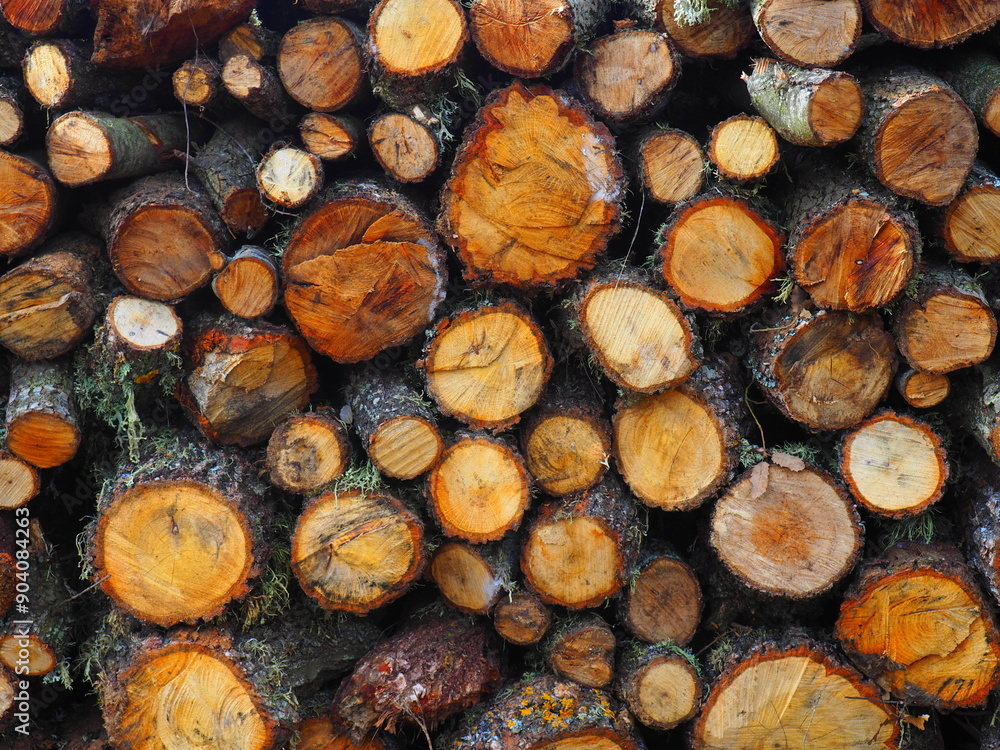 Stack of cut tree logs, in bright and vivid colors Stack of cut tree logs, in bright and vivid colors
