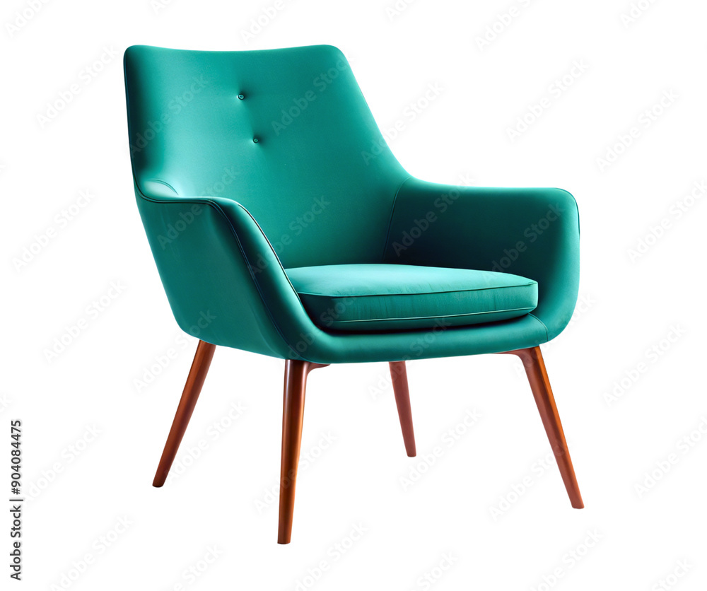 Stylish modern green lounge chair with wooden legs standing isolated on a transparent background Stylish modern green lounge chair with wooden legs standing isolated on a transparent background