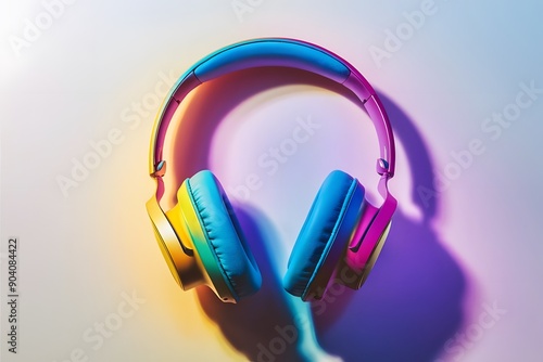 Stylish modern headphones with earmuffs on color background, top view
