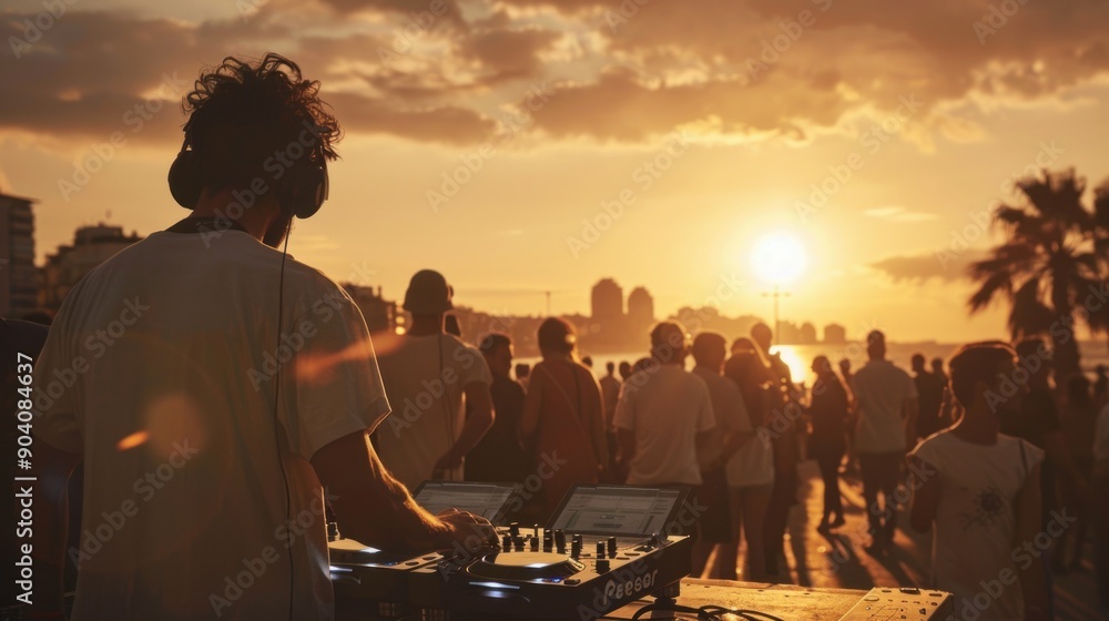 Naklejka premium DJ Set at Sunset Beach Party