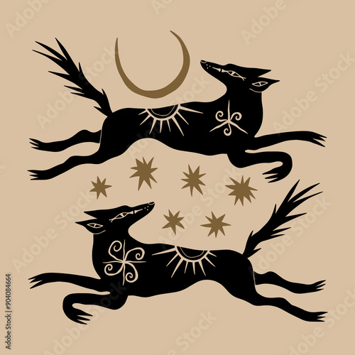 Cartoon ethnic mascot boho wolves couple funny groovy whimsical flat art. Doodle stellar celestial cute astronomy and astrology details. Hand-drawn bohemian composition. Mystical Moon wild dogs