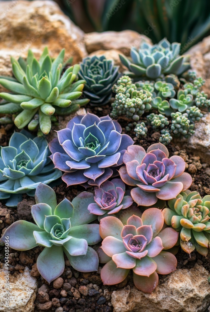 A detailed view of succulents and cacti growing in rocky soil, with their intricate patterns and textures captured beautifully A detailed view of succulents and cacti growing in rocky soil, with their intricate patterns and textures captured beautifully