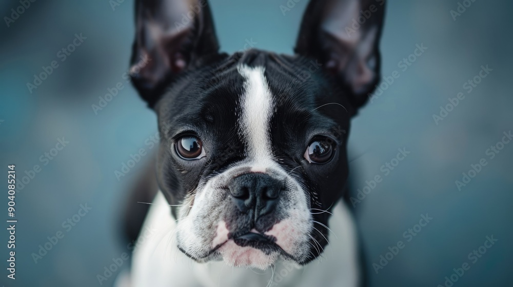 A close-up of a Boston Terrier with its distinctive black and white markings and perky ears. A close-up of a Boston Terrier with its distinctive black and white markings and perky ears.