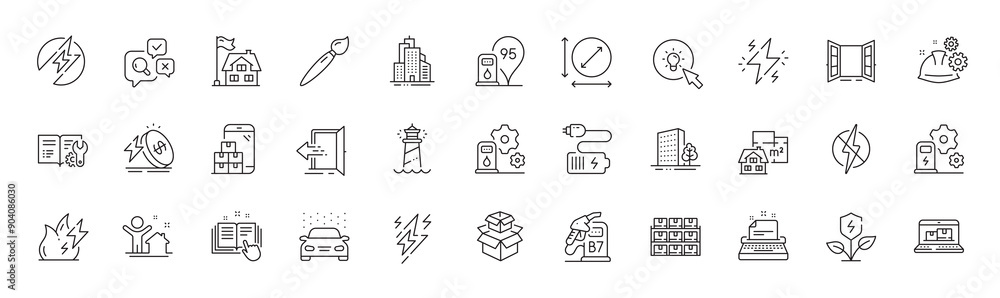 Entrance, Boxes shelf and Open door line icons. Pack of Typewriter, Power, Floor plan icon. Inspect, Web inventory, Electric energy pictogram. Mobile inventory, Lighthouse. Line icons. Vector Entrance, Boxes shelf and Open door line icons. Pack of Typewriter, Power, Floor plan icon. Inspect, Web inventory, Electric energy pictogram. Mobile inventory, Lighthouse. Line icons. Vector