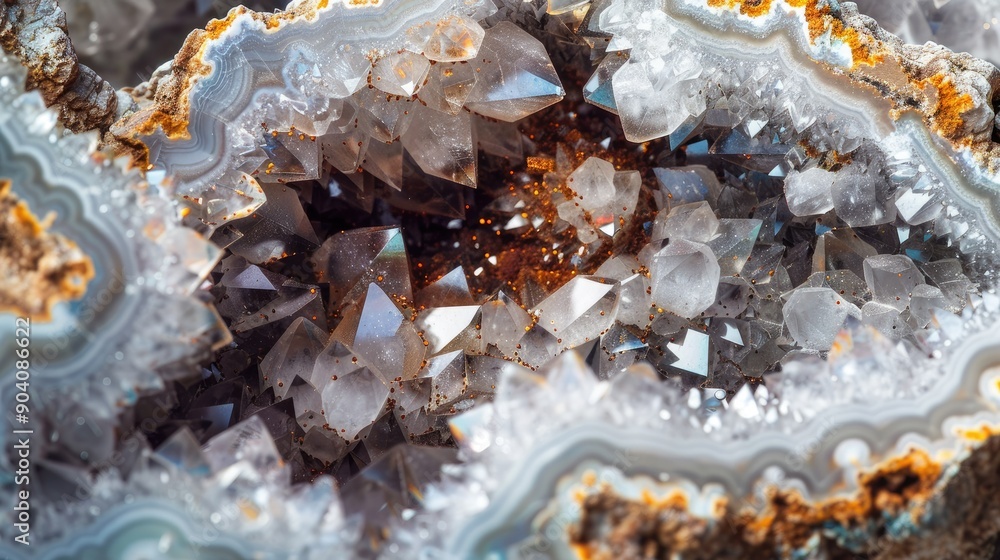 A close-up of a geode, revealing sparkling crystals inside its rough stone exterior. A close-up of a geode, revealing sparkling crystals inside its rough stone exterior.