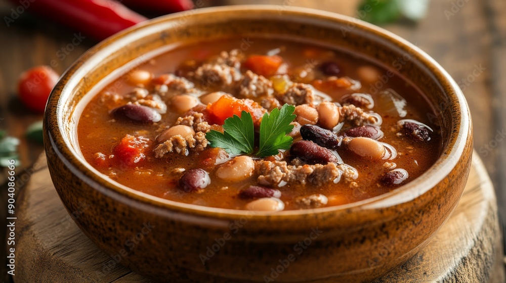 A bowl of homemade chili bean soup with meat, selective focus A bowl of homemade chili bean soup with meat, selective focus