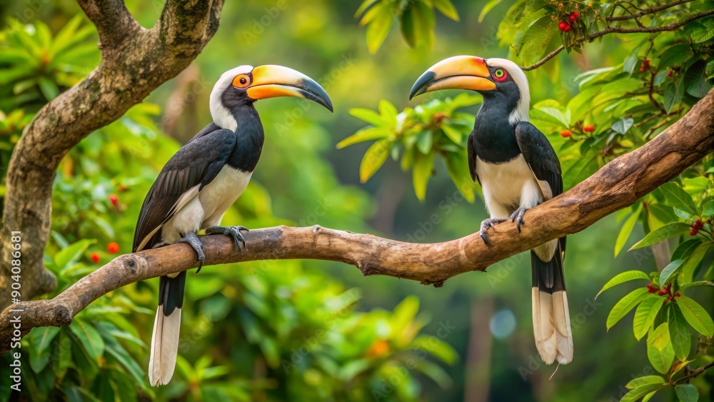 Obraz premium Two majestic Malabar pied hornbills, one male and one female, sit regally atop a towering tree in Sri Lanka's Yala National Park.