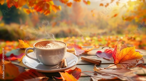 Autumn ambiance  realistic photo of a steaming cup of cinnamon infused coffee amidst fall scenery