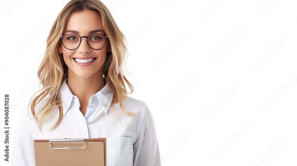 Cheerful Teacher with Clipboard Smiling Happily in Isolated Setting Cheerful Teacher with Clipboard Smiling Happily in Isolated Setting