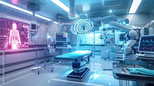 A futuristic operating room with a robotic surgical system and holographic displays providing real-time guidance.
