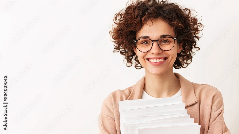 Cheerful Teacher Grading Papers with Joy, isolated on white background Cheerful Teacher Grading Papers with Joy, isolated on white background
