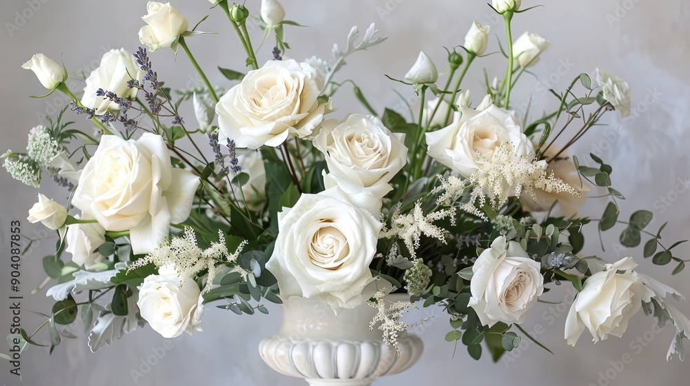 A close-up of a sophisticated flower bouquet with delicate white roses and lavender, arranged in a modern vase. A close-up of a sophisticated flower bouquet with delicate white roses and lavender, arranged in a modern vase.