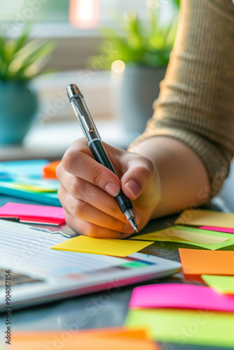 A person is writing with a pen on a piece of paper photo