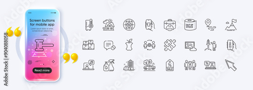 Support, Partnership and Organic waste line icons for web app. Phone mockup gradient screen. Pack of Refrigerator, Music, Place pictogram icons. Pickup, Mountain flag, Puzzle signs. Vector