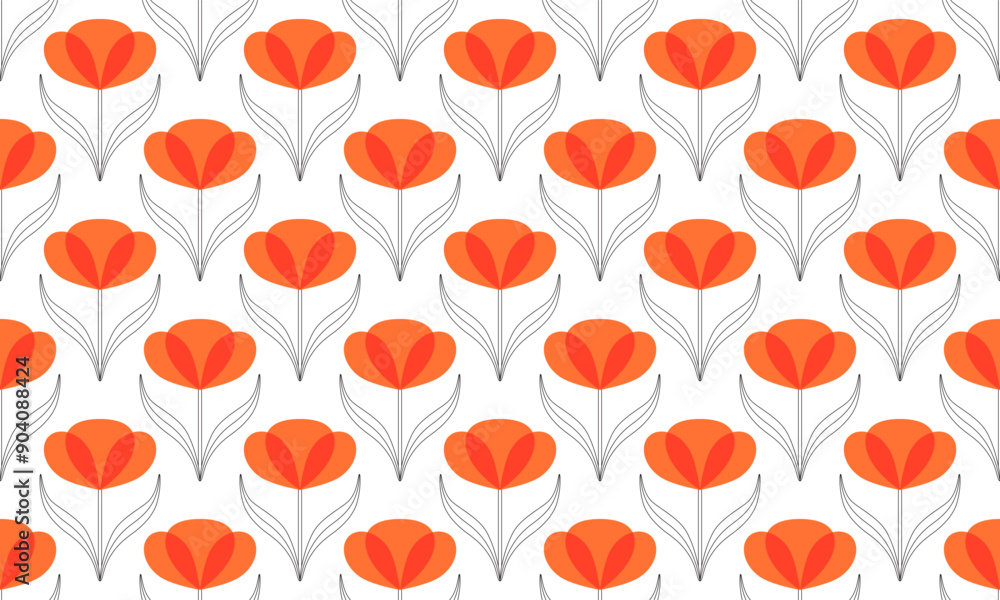 Fototapeta premium Red doodle poppy, abstract floral seamless pattern