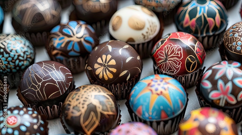 A close-up of elegant, hand-painted bonbons, showcasing intricate designs and vibrant colors. A close-up of elegant, hand-painted bonbons, showcasing intricate designs and vibrant colors.