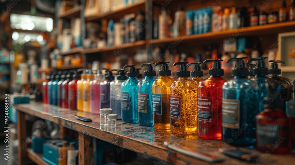 Row of Car Wash Soap Bottles. Row of colorful car wash soap bottles lined up on a counter in a car wash facility, showcasing various cleaning products. Row of Car Wash Soap Bottles. Row of colorful car wash soap bottles lined up on a counter in a car wash facility, showcasing various cleaning products.