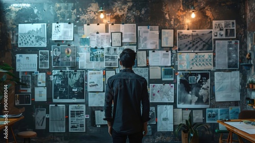 Man Standing in Front of a Wall of Papers with Lights - Photo photo