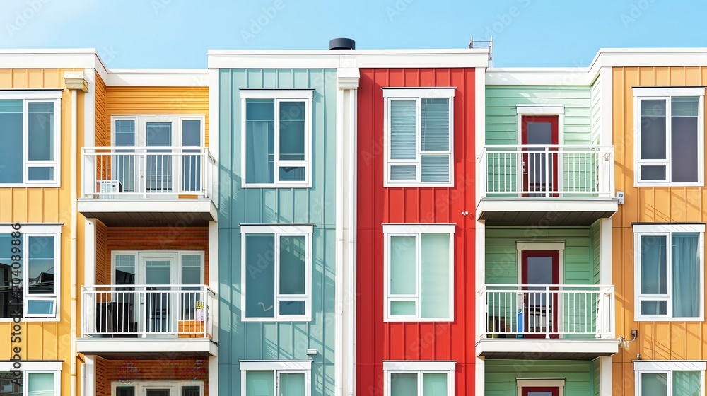 Obraz premium Colorful apartment building with balconies against a clear blue sky. Modern urban living with vibrant architectural design. Bright summer day.