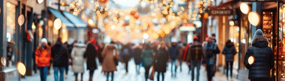 Crowded city street with festive lights and busy holiday shoppers, creating a vibrant and lively atmosphere in the urban setting. Crowded city street with festive lights and busy holiday shoppers, creating a vibrant and lively atmosphere in the urban setting.