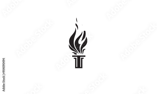 Initial Letter T Burning Torch Fire Flame with Pillar column black logo design on white background